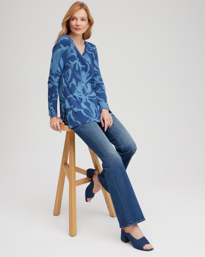 Chicos Abstract Print Button Detail Tunic - Blue Echo