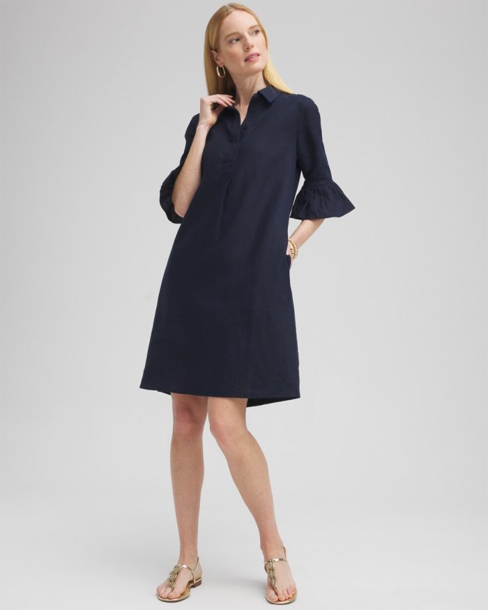 Chicos Linen Fluted Sleeve Dress - Classic Navy