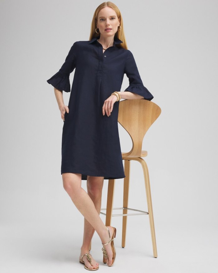 Chicos Linen Fluted Sleeve Dress - Classic Navy