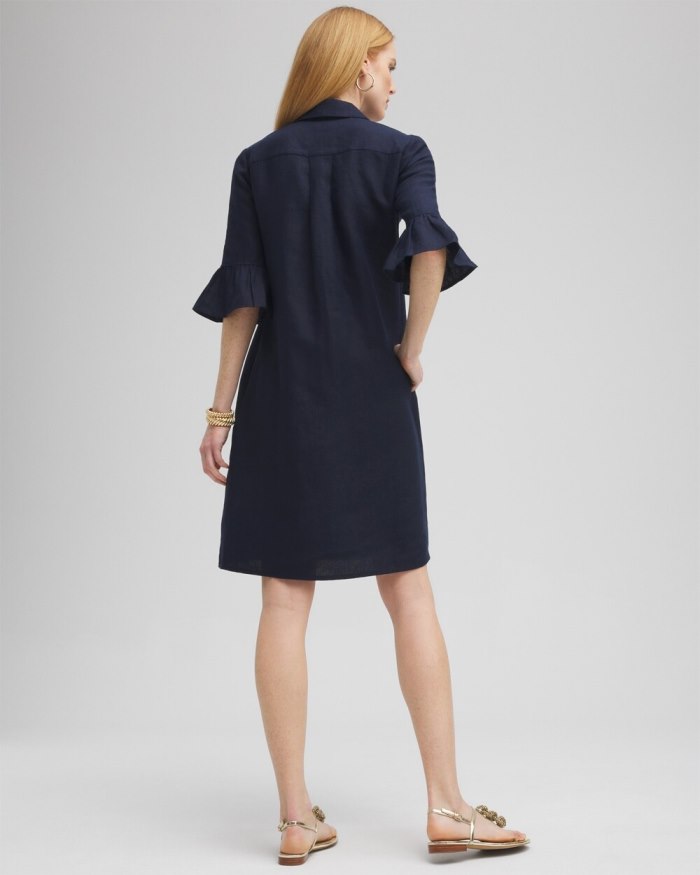 Chicos Linen Fluted Sleeve Dress - Classic Navy