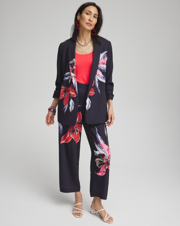 Chicos Floral Ruched Sleeve Soft Jacket - Classic Navy