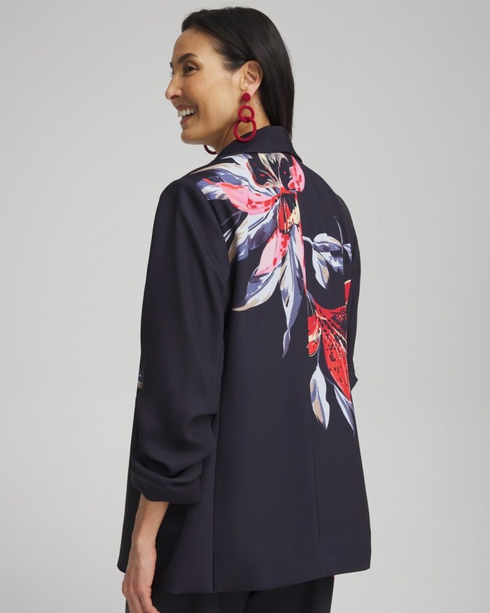 Chicos Floral Ruched Sleeve Soft Jacket - Classic Navy