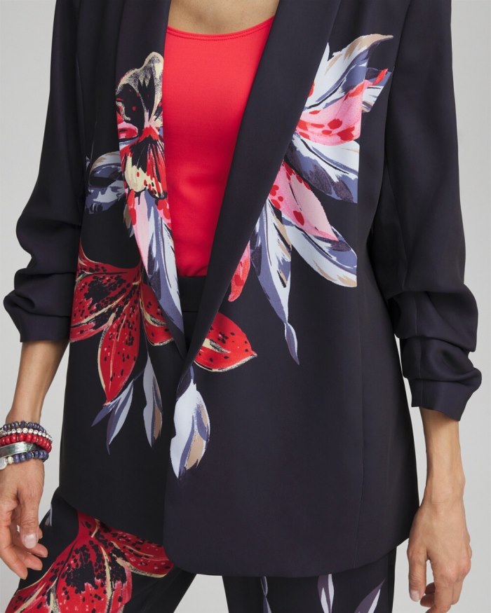 Chicos Floral Ruched Sleeve Soft Jacket - Classic Navy