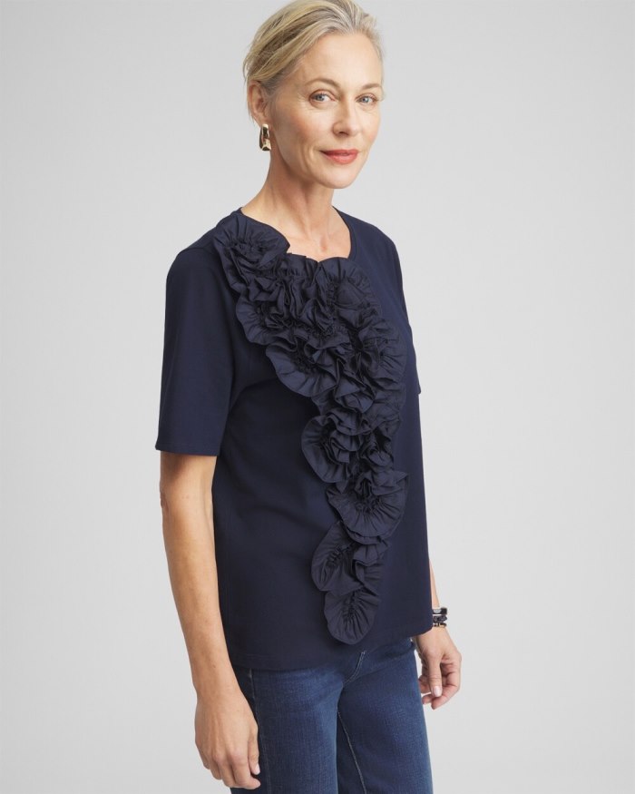 Chicos 3D Floral Applique Ruffle Tee - Classic Navy