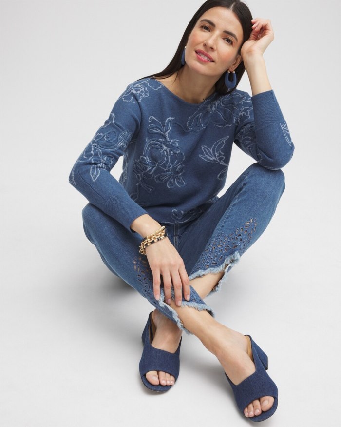 Chicos Faux Denim Soutache Pullover Sweater - Denim