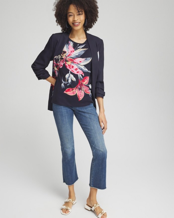 Chicos Floral Jewel Neck Tee - Classic Navy