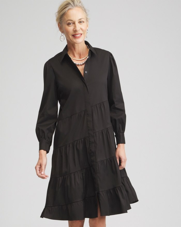 Chicos Poplin Asymmetrical Tiered Shirt Dress - Black