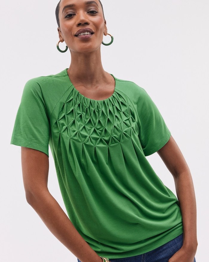 Chicos Touch of Cool Smocked Top - Verdant Green