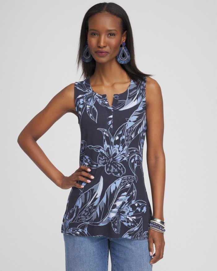 Chicos Floral Notch Neck Tank - Classic Navy