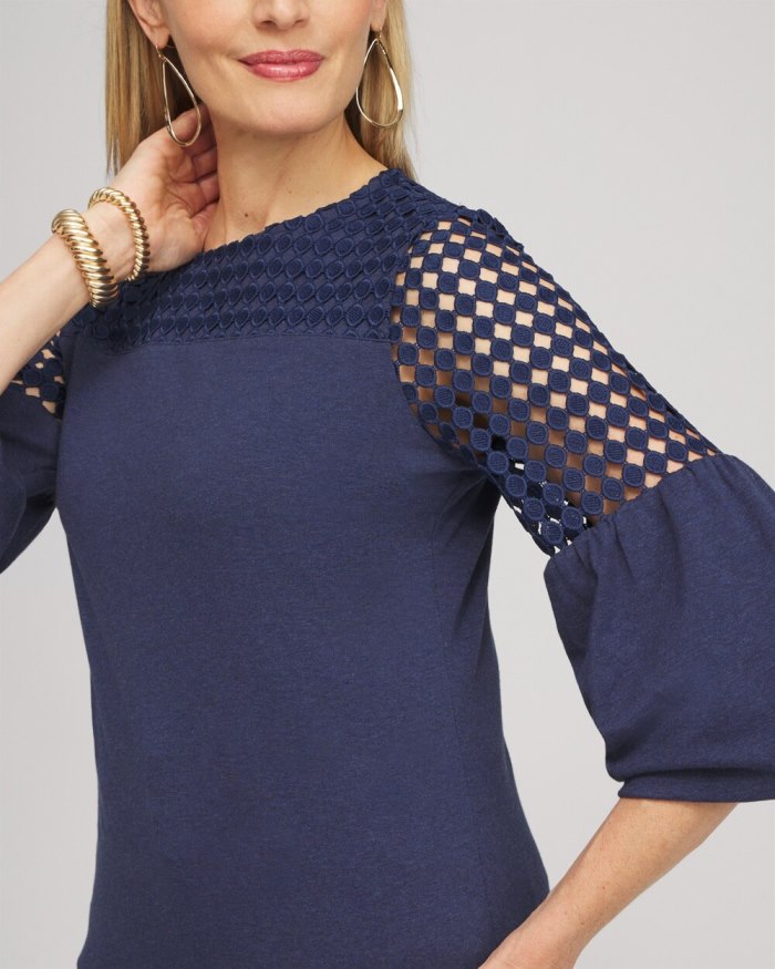 Chicos Faux Denim Lace Mix Top - Dark Denim