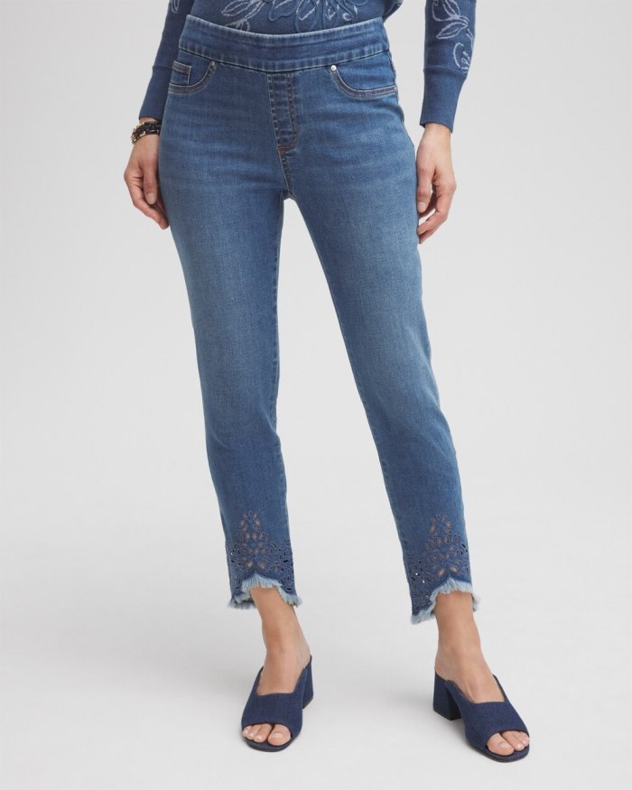 Chicos Eyelet Tulip Hem Pull-on Ankle Jeggings - Aquaria Indigo