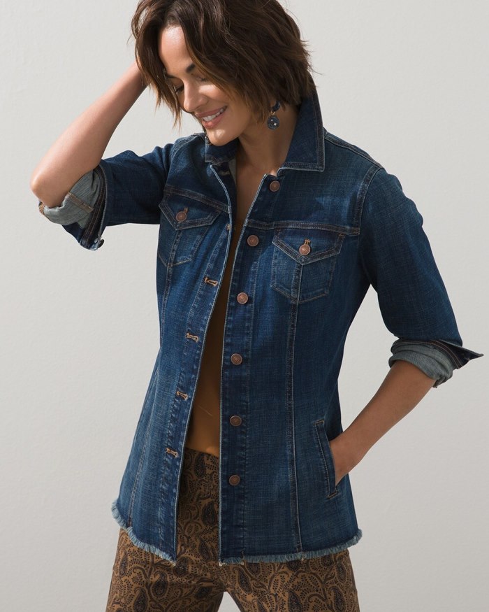 Chicos Indigo Frayed Hem Denim Jacket - Sequoia Indigo