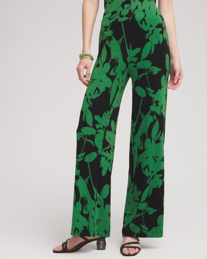 Chicos Travelers Floral Wide Leg Pants - Verdant Green