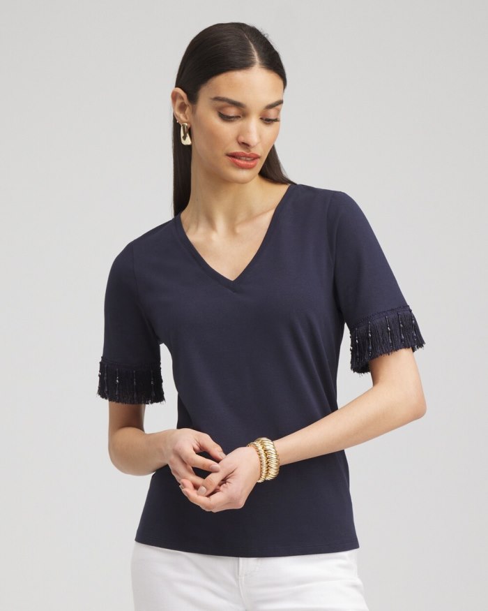 Chicos Fringe Trim Top - Classic Navy