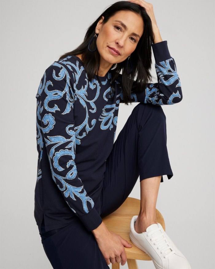 Chicos Zenergy Scroll Print Pullover - Classic Navy