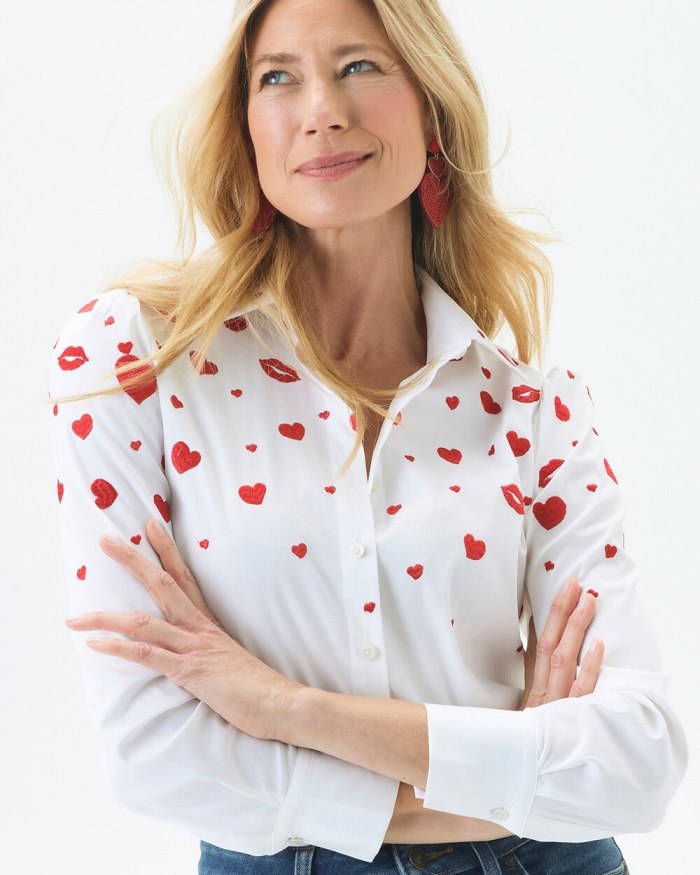 Chicos Embroidered Hearts Shirt - Alabaster