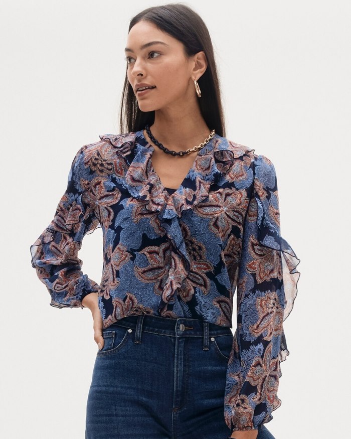 Chicos Ruffle Detail Floral Blouse - Ginger Rose