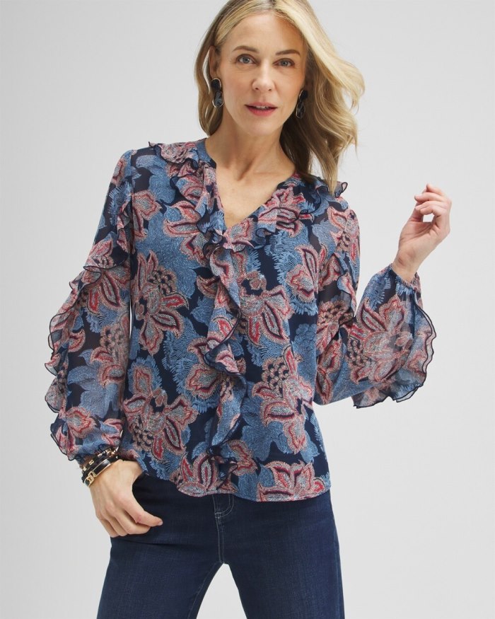 Chicos Ruffle Detail Floral Blouse - Ginger Rose