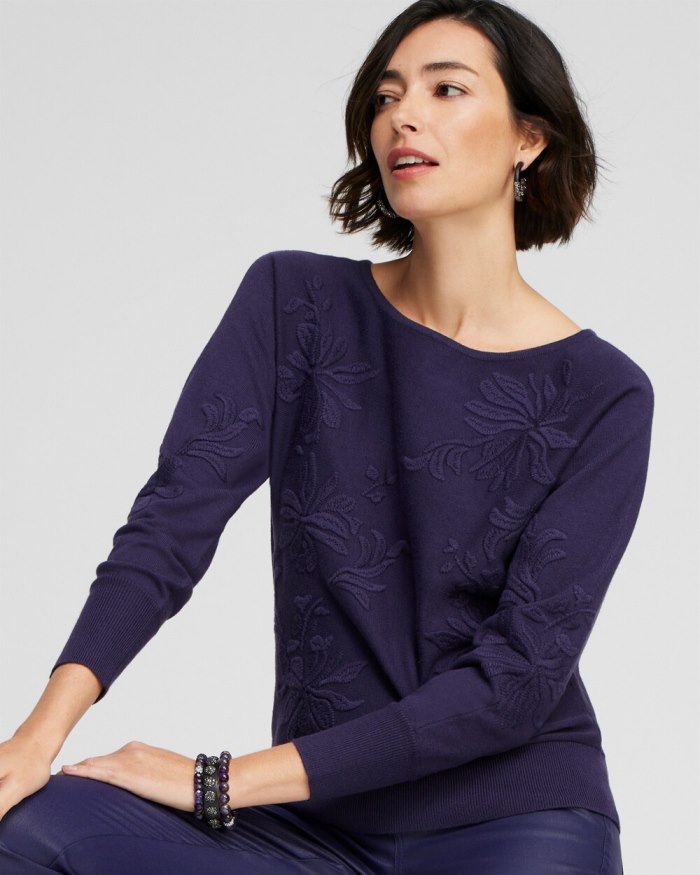 Chicos Purple Textured Floral Pullover Sweater - Dewberry