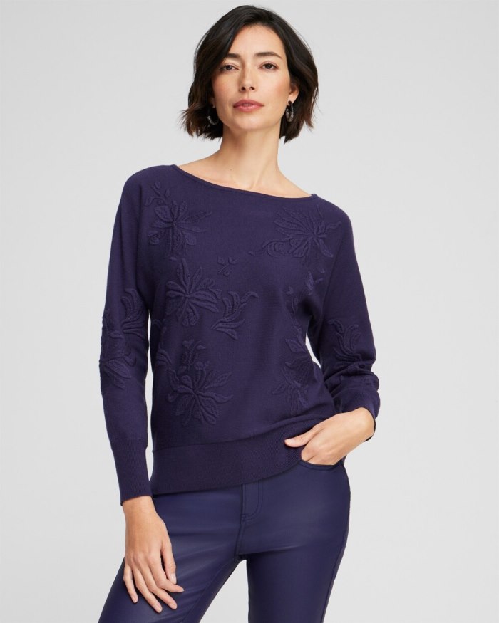 Chicos Purple Textured Floral Pullover Sweater - Dewberry