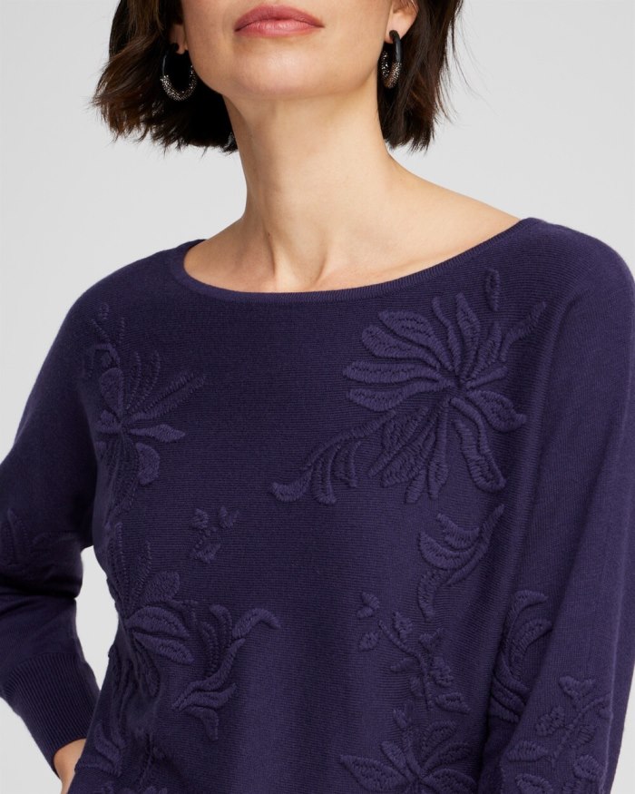 Chicos Purple Textured Floral Pullover Sweater - Dewberry