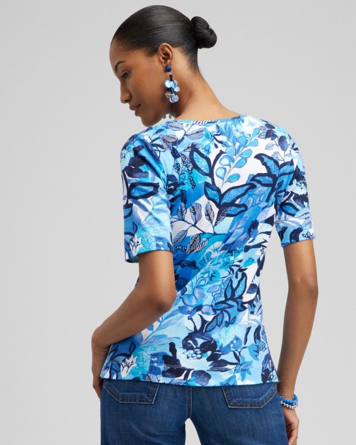 Chicos Floral Everyday Elbow Sleeve Tee - Intense Azure