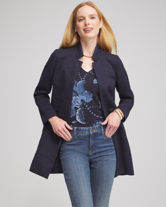 Chicos Floral Jacquard Knit Topper - Classic Navy