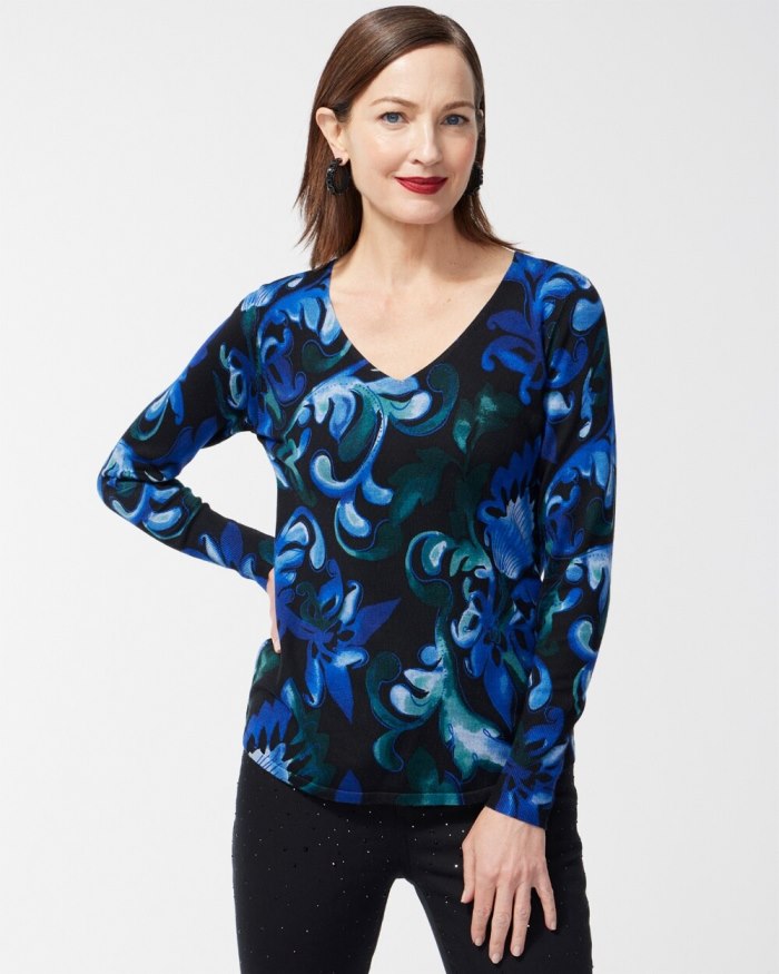 Chicos Blue Scrolls V-neck Pullover Sweater - Enchanted Forest