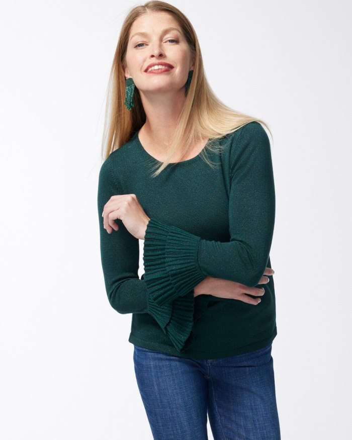 Chicos Lurex Pleat Sleeve Pullover Sweater - Enchanted Forest