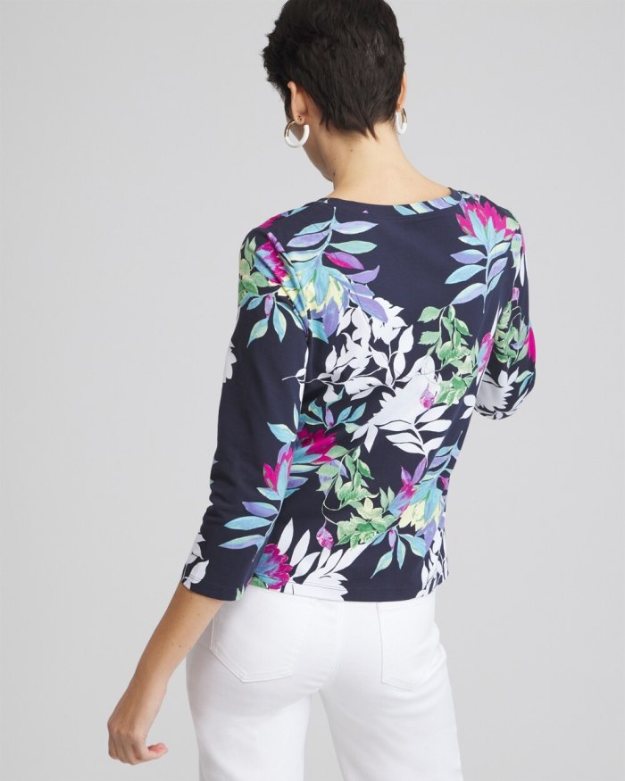 Chicos Floral 3/4 Sleeve Perfect Tee - Classic Navy