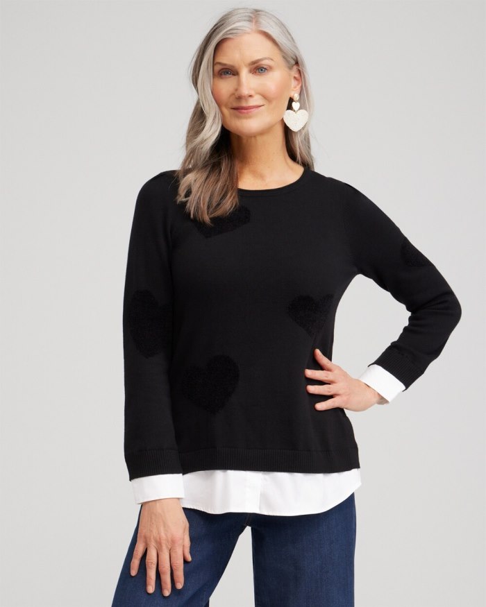 Chicos Heart Print Built-in Shirt Sweater - Black