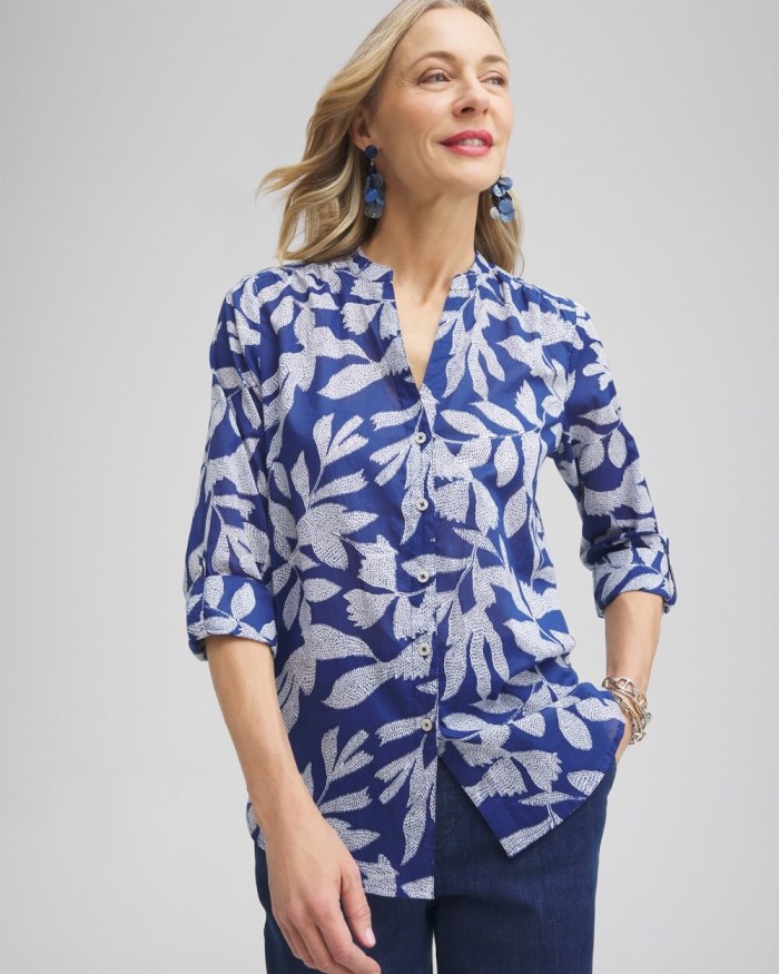 Chicos Cotton Leaf Print Shirt - Evening Eclipse