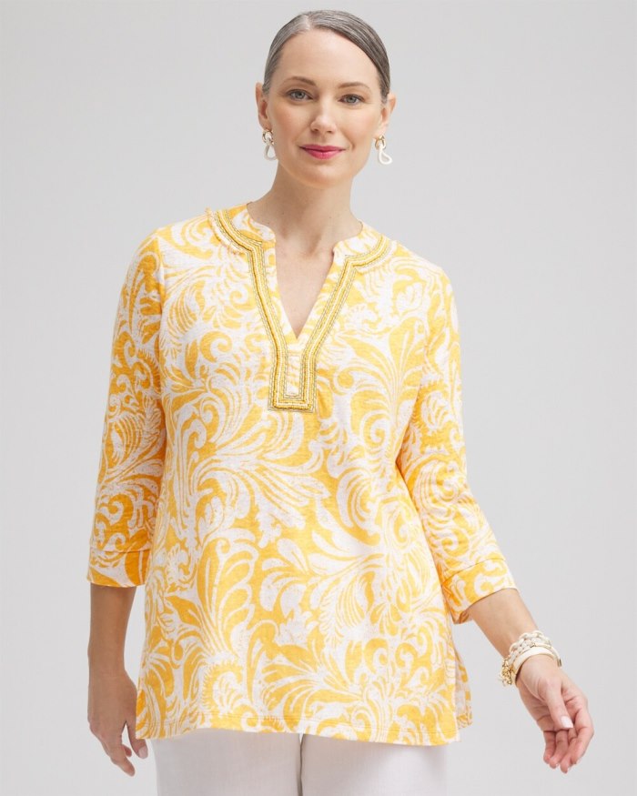 Chicos Linen Paisley Embellished Tunic - Mango Sorbet