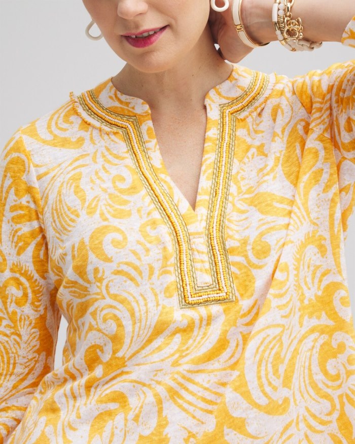 Chicos Linen Paisley Embellished Tunic - Mango Sorbet