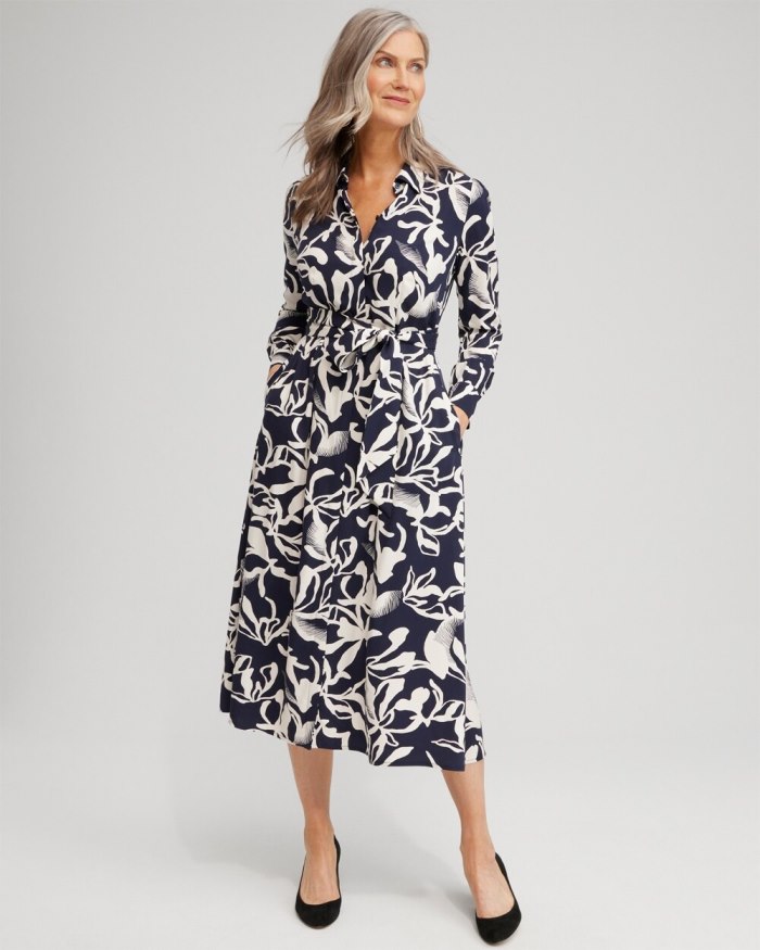 Chicos Twill Floral Shirt Dress - Classic Navy