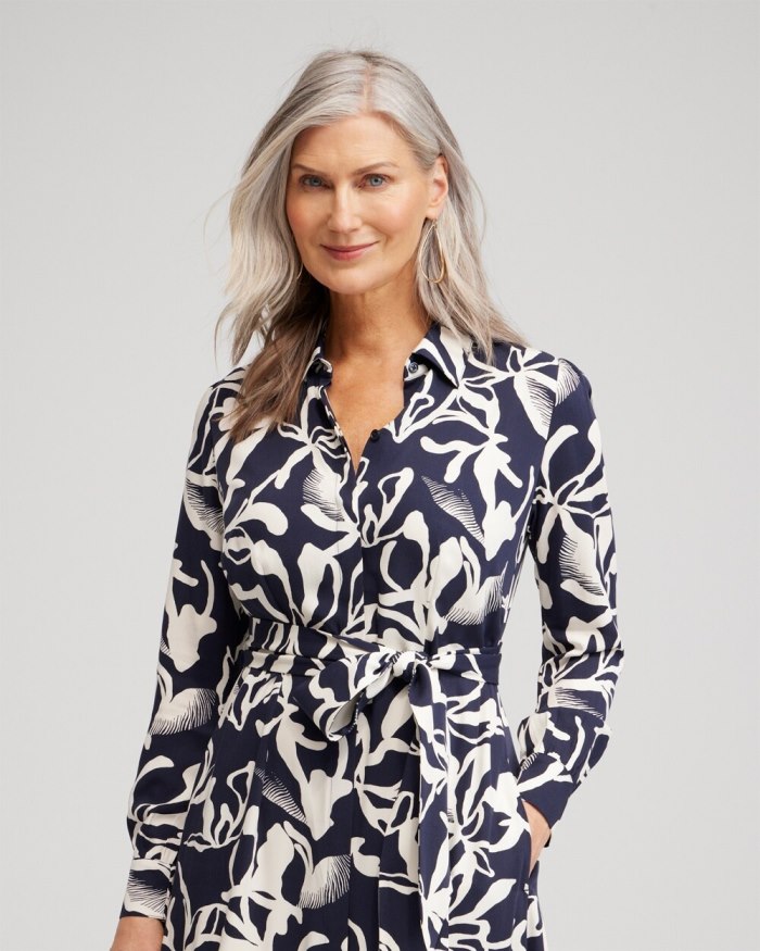 Chicos Twill Floral Shirt Dress - Classic Navy