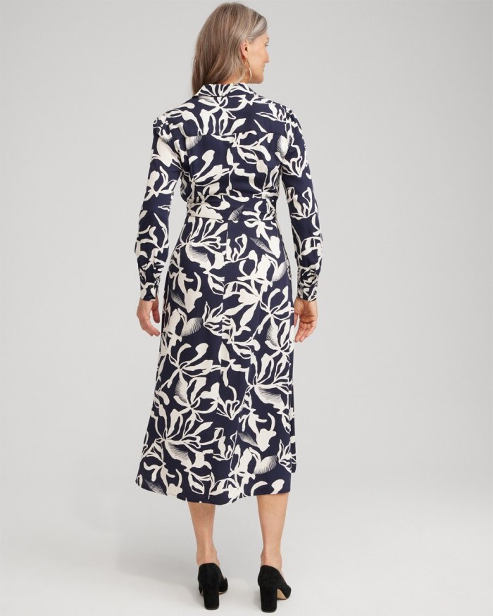 Chicos Twill Floral Shirt Dress - Classic Navy