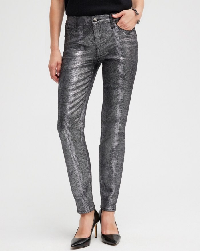 Chicos Girlfriend Coated Ankle Jeans - Gunmetal Black Croc Foil