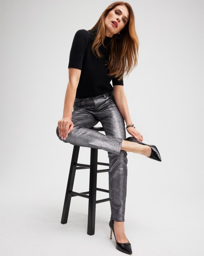 Chicos Girlfriend Coated Ankle Jeans - Gunmetal Black Croc Foil