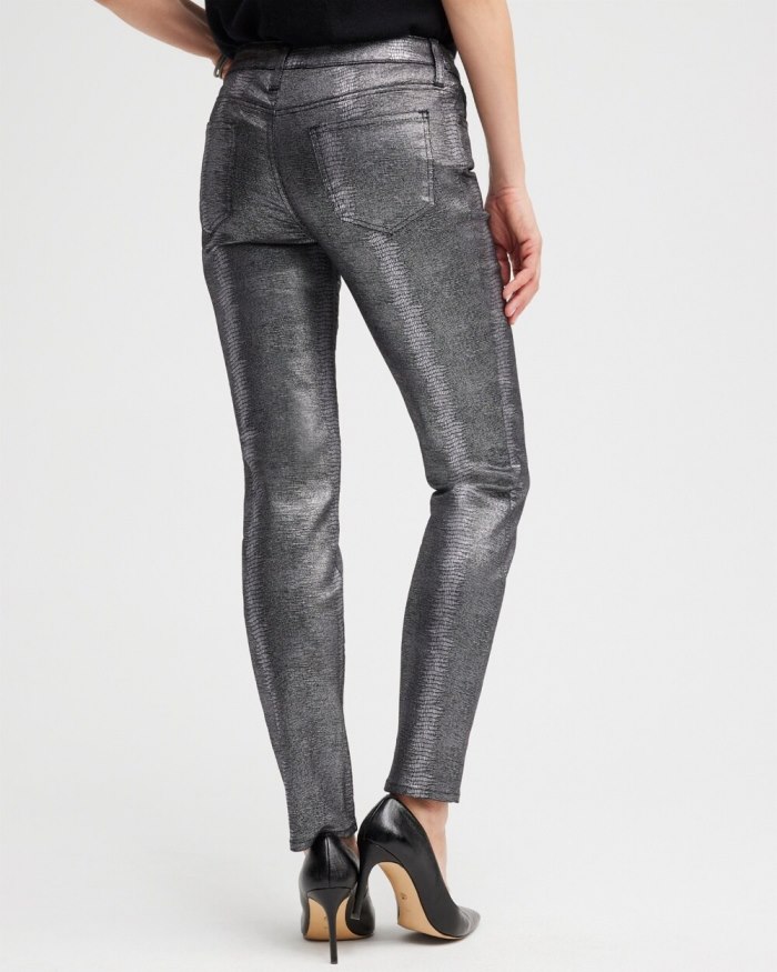 Chicos Girlfriend Coated Ankle Jeans - Gunmetal Black Croc Foil