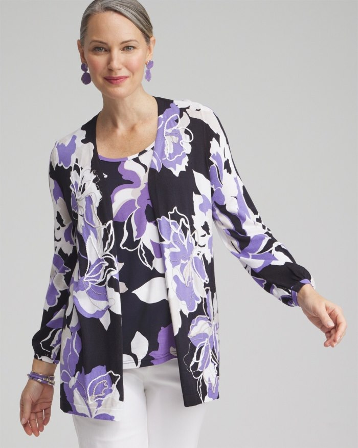 Chicos Floral Embroidered Cardigan - Parisian Purple