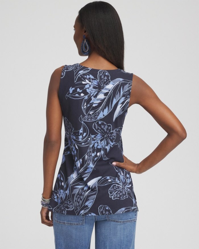 Chicos Floral Notch Neck Tank - Classic Navy