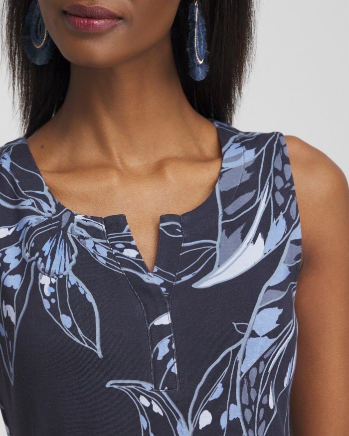 Chicos Floral Notch Neck Tank - Classic Navy