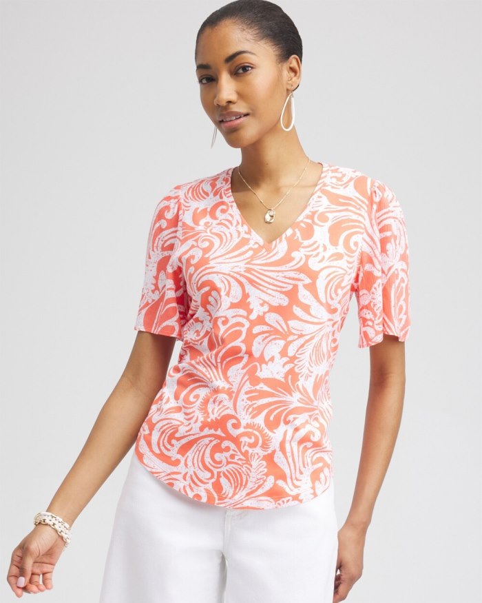 Chicos Paisley Gauze Flutter Sleeve Top - Nectarine