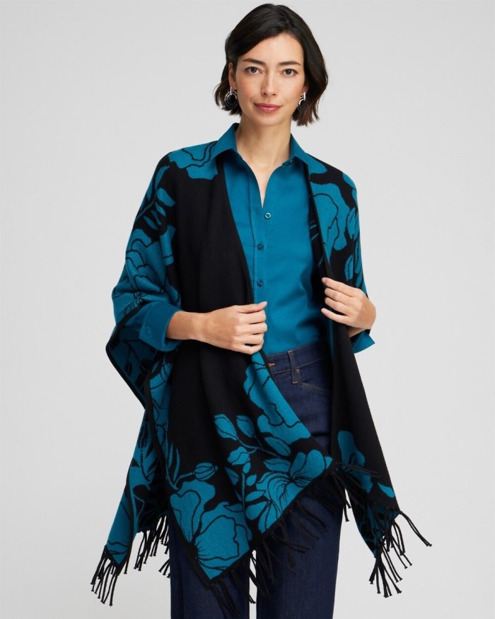 Chicos Cashmere Blend Fringe Ruana - Moonlit Teal