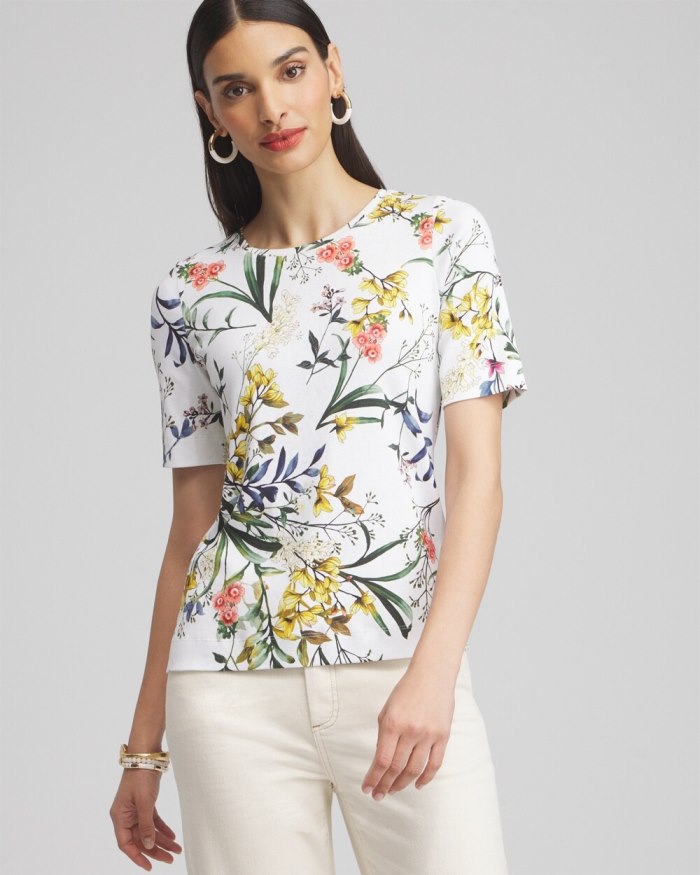 Chicos Floral Everyday Elbow Sleeve Tee - Alabaster