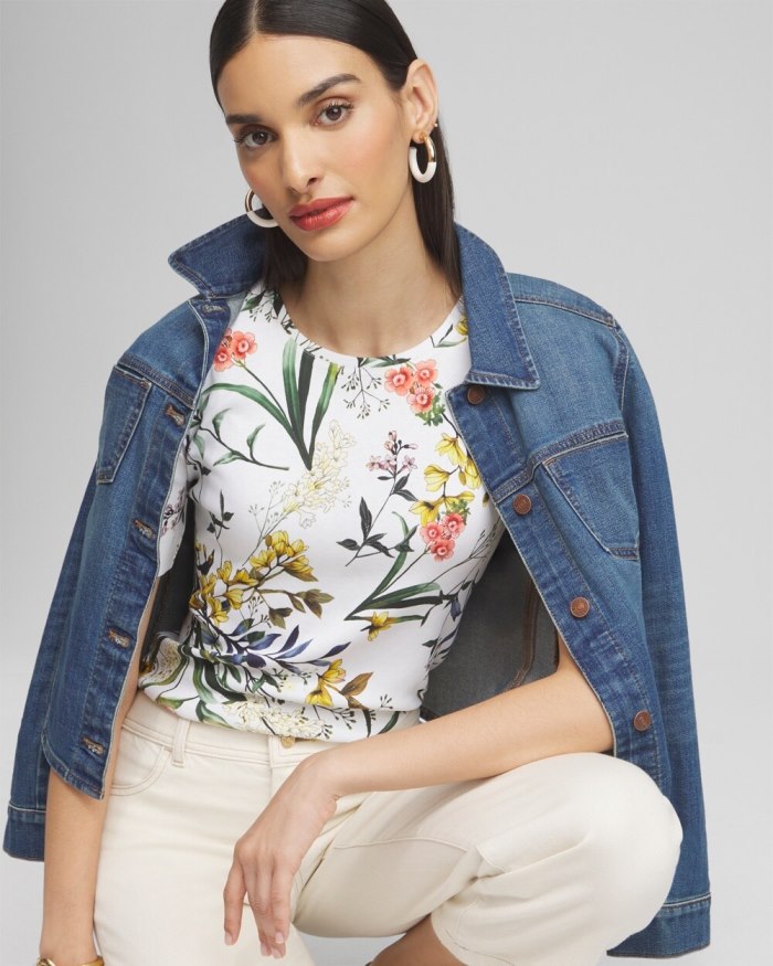 Chicos Floral Everyday Elbow Sleeve Tee - Alabaster