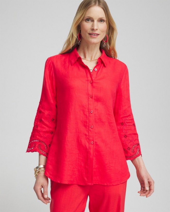 Chicos Linen Eyelet Sleeve Shirt - Watermelon Punch