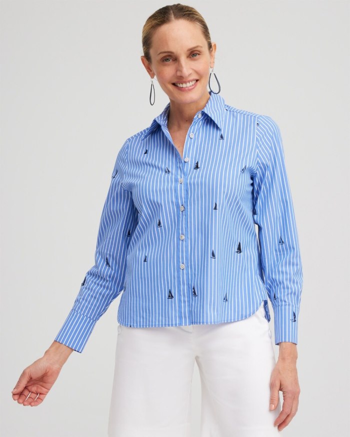 Chicos Poplin Sailboat Stripe Shirt - Wisteria Blue