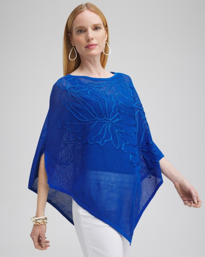 Chicos Embroidered Knit Triangle Poncho - Intense Azure